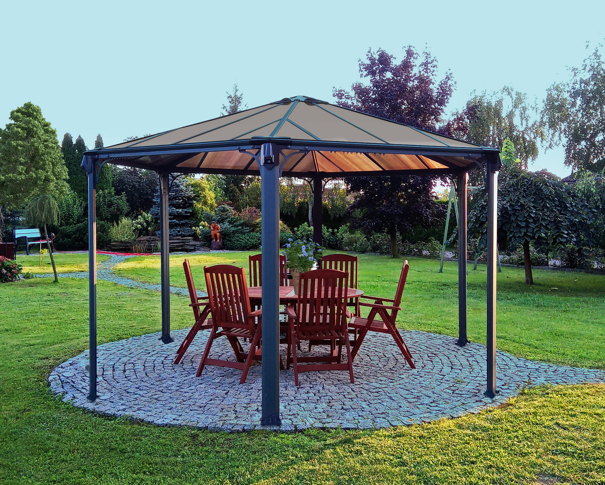 Monaco 3.9m x 4.5m Garden Hexagonal Gazebo in Grey with Polycarbonate Roof