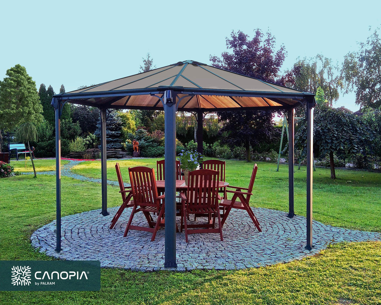 Monaco 3.9m x 4.5m Garden Hexagonal Gazebo in Grey with Polycarbonate Roof