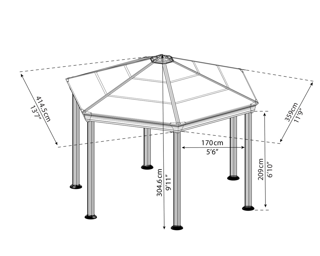 Roma 3.6m x 4m Garden Hexagonal Gazebo in Grey with Polycarbonate Roof
