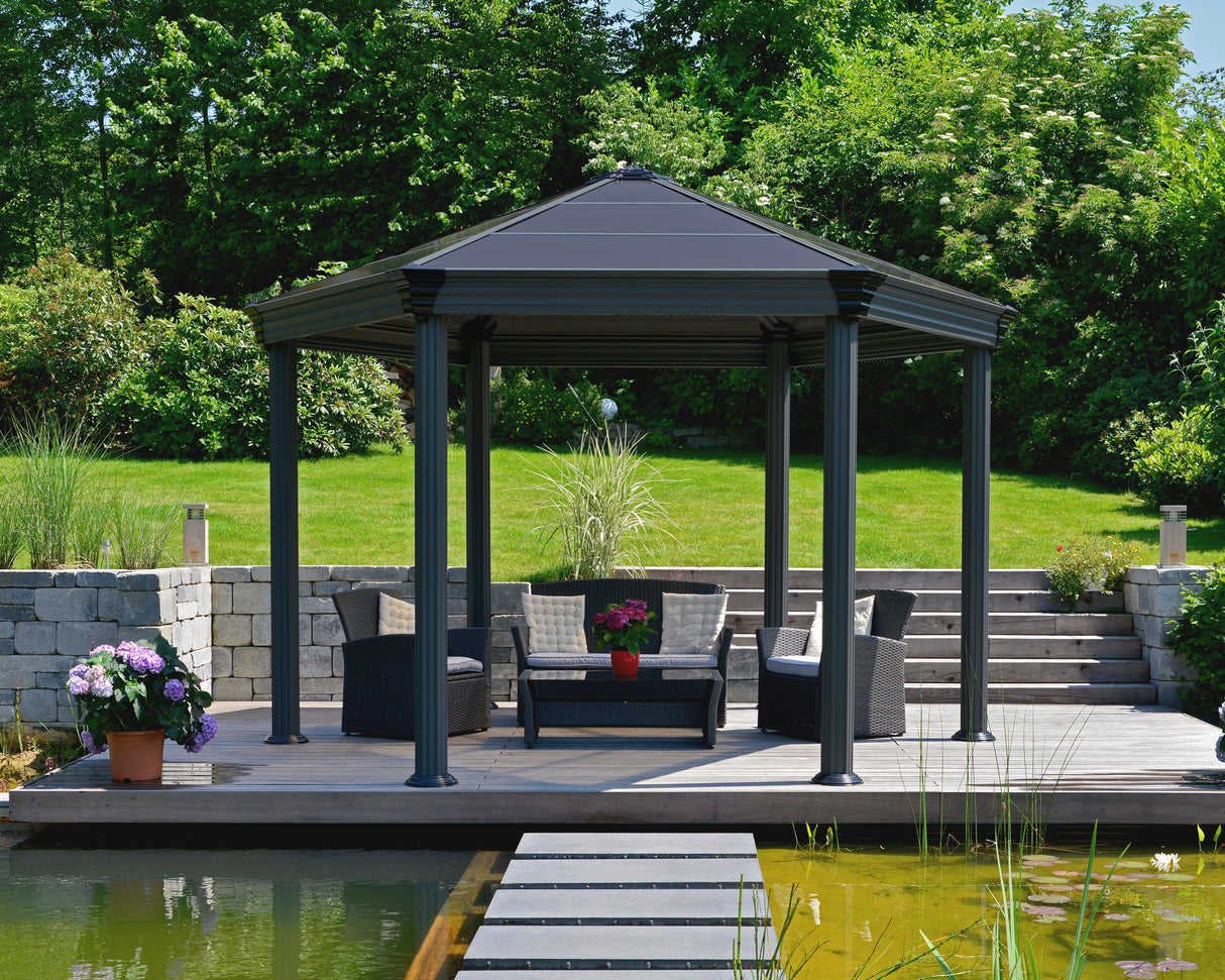 Roma 3.6m x 4m Garden Hexagonal Gazebo in Grey with Polycarbonate Roof
