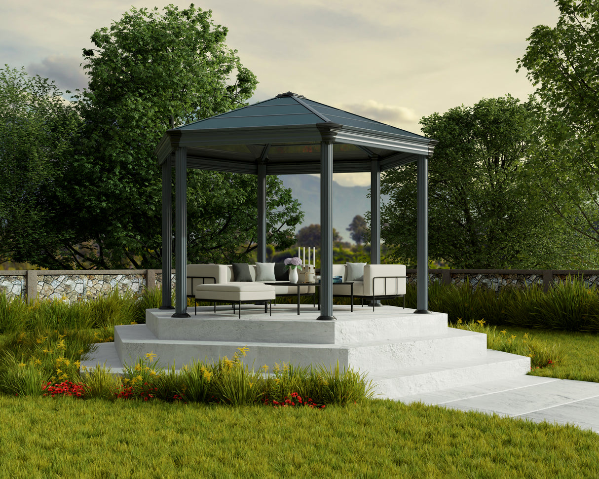 Roma 3.6m x 4m Garden Hexagonal Gazebo in Grey with Polycarbonate Roof