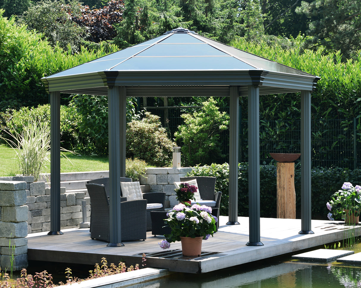 Roma 3.6m x 4m Garden Hexagonal Gazebo in Grey with Polycarbonate Roof