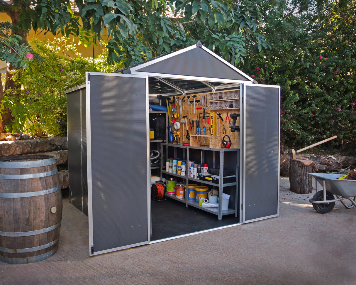 Rubicon 6 ft. x 8 ft. Garden Shed with Floor - Dark Grey Polycarbonate Panels