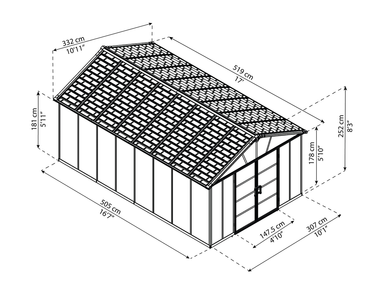 Yukon 11ft. x 17ft. Garden Shed Without Floor - Dark Grey Polycarbonate Panels