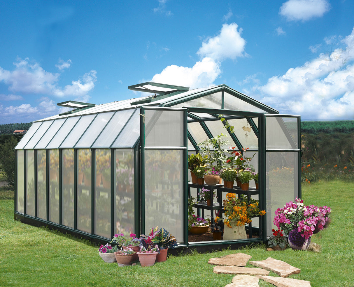 Hobby Gardener 8' x 16' Greenhouse - Green Frame & Twinwall Polycarbonate Panels