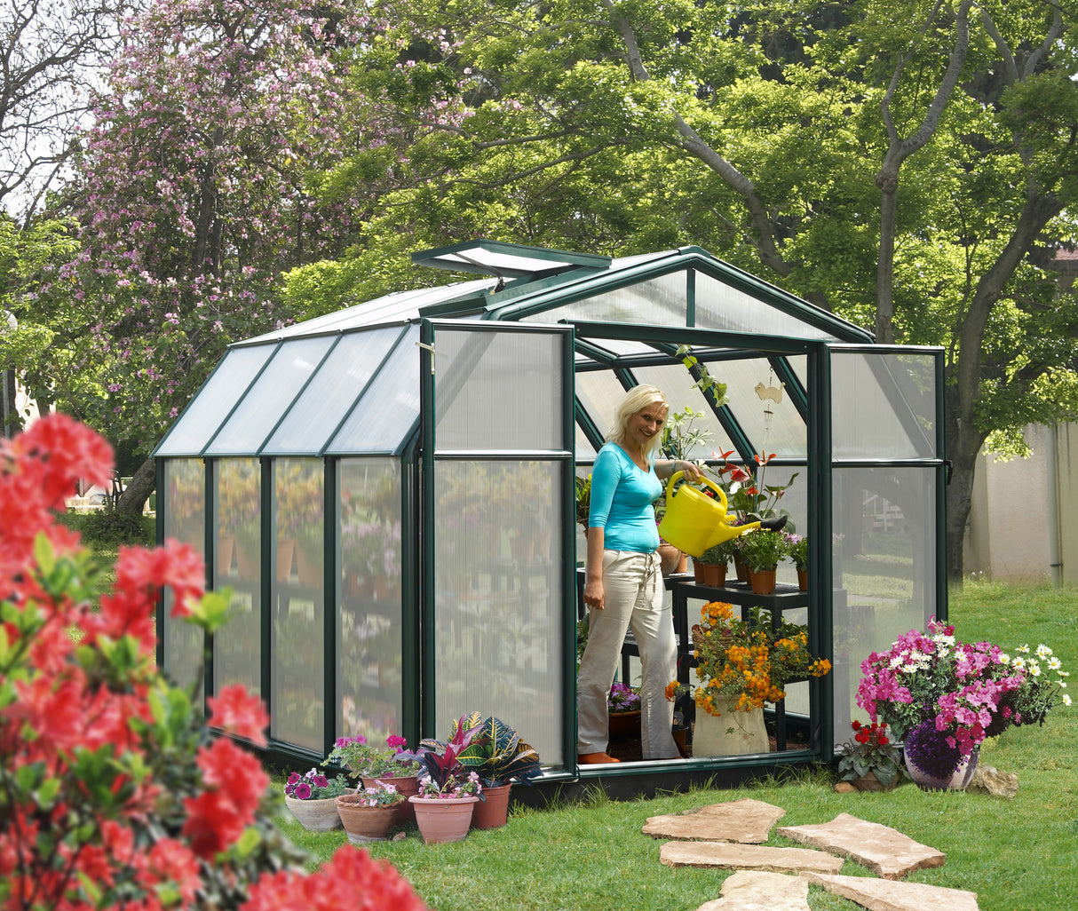 Hobby Gardener 8' x 8' Greenhouse - Green Frame & Twinwall Polycarbonate Panels