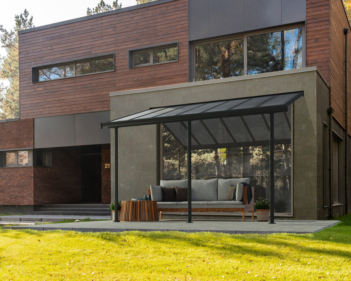 Sierra Patio Cover 3m x 4.3m - Grey Frame & Clear Polycarbonate