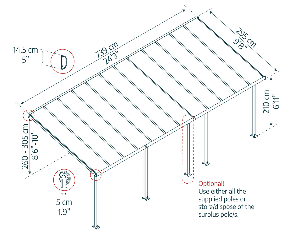 Olympia Patio Cover 3m x 7.4m - Grey Frame & Clear Polycarbonate