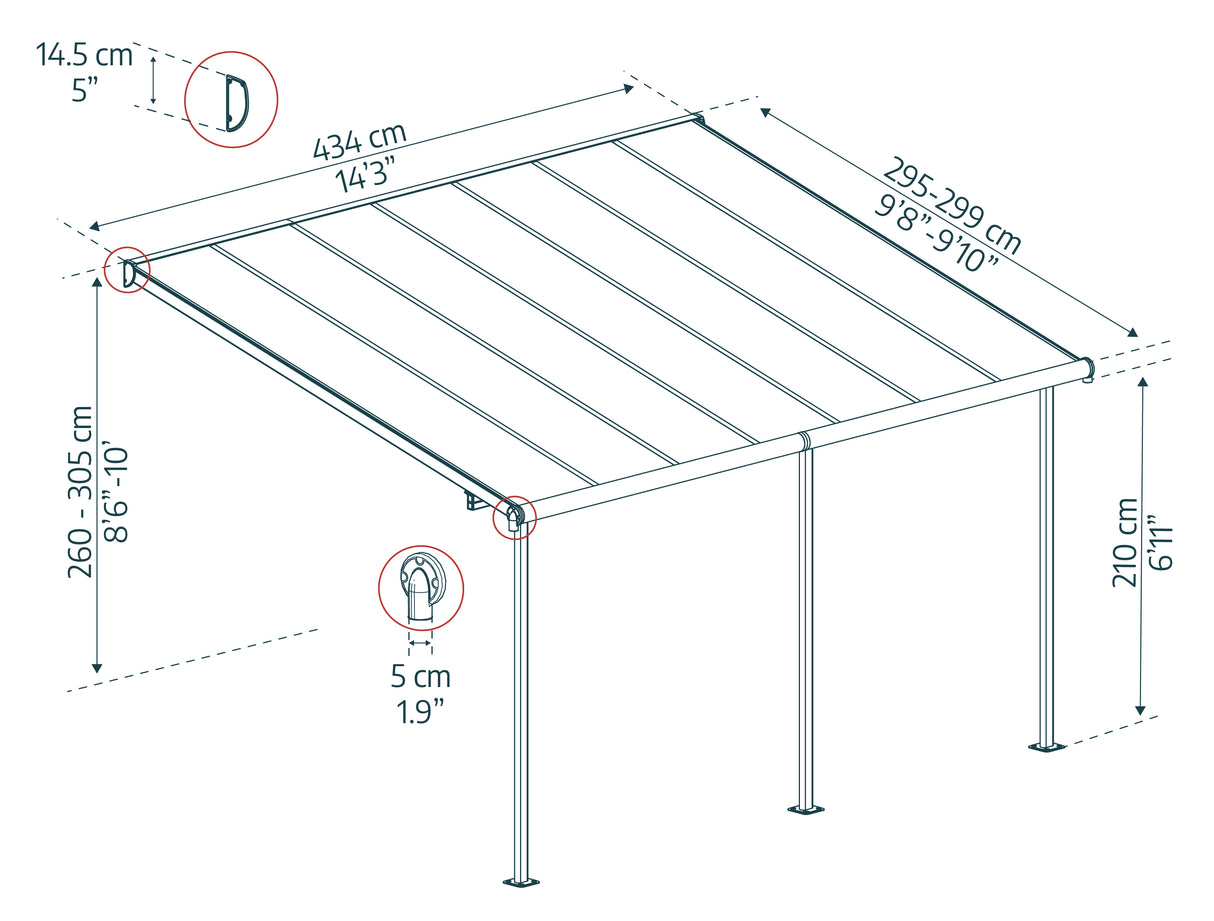Sierra Patio Cover 3m x 4.3m - Grey Frame & Clear Polycarbonate