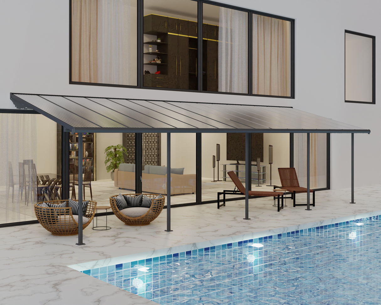 Sierra Patio Cover 3m x 9.2m - Grey Frame & Clear Polycarbonate