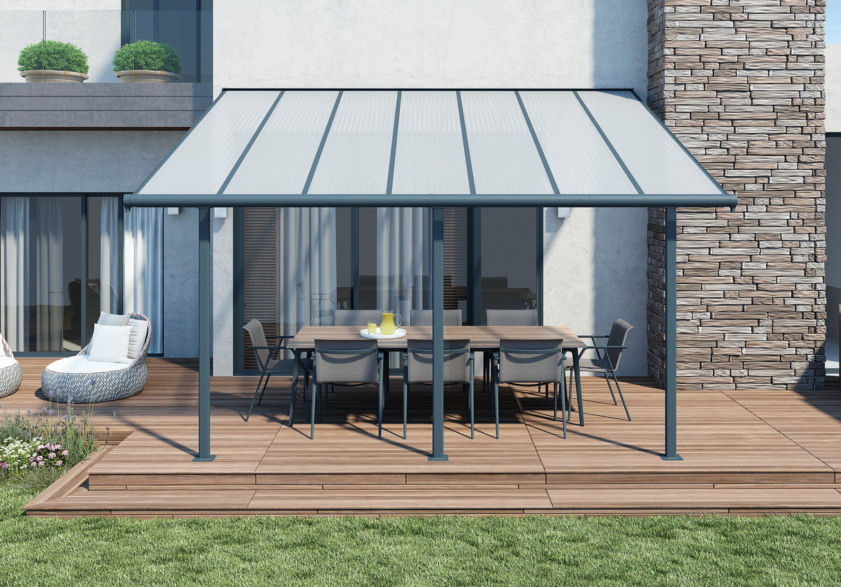 Sierra Patio Cover 3m x 4.3m - Grey Frame & Clear Polycarbonate
