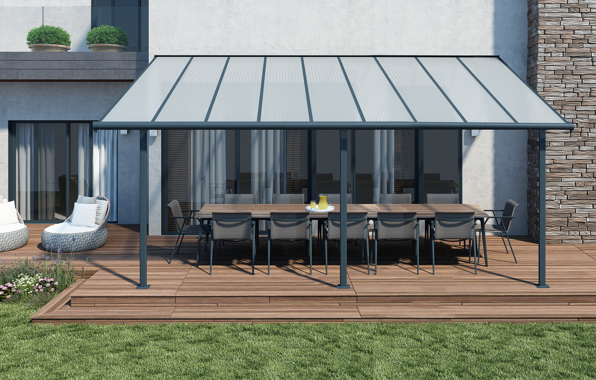 Sierra Patio Cover 3m x 5.6m - Grey Frame & Clear Polycarbonate