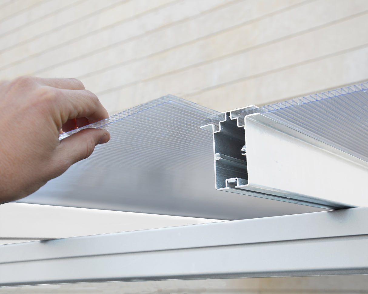 Sierra Patio Cover 3m x 7.4m - White Aluminium Frame & Clear Polycarbonate