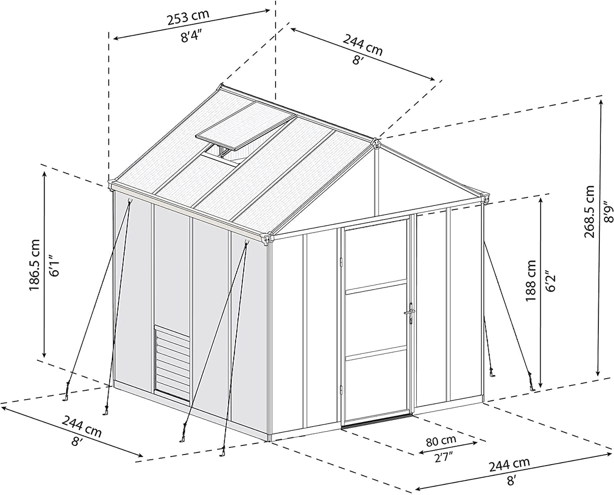 Glory 8' x 8' Greenhouse - Grey Frame & Multiwall Polycarbonate Panels