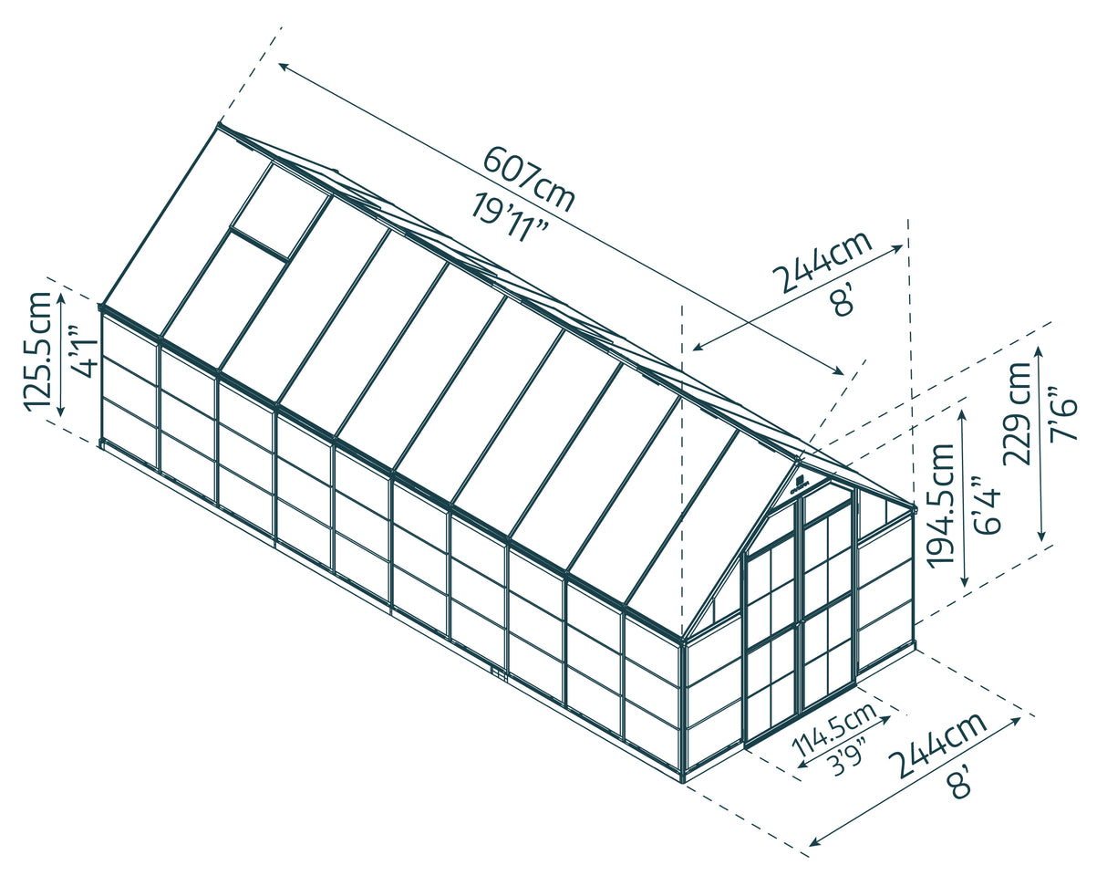 Balance 8' x 20' Greenhouse - Silver Aluminium Frame & Hybrid Polycarbonate Panels