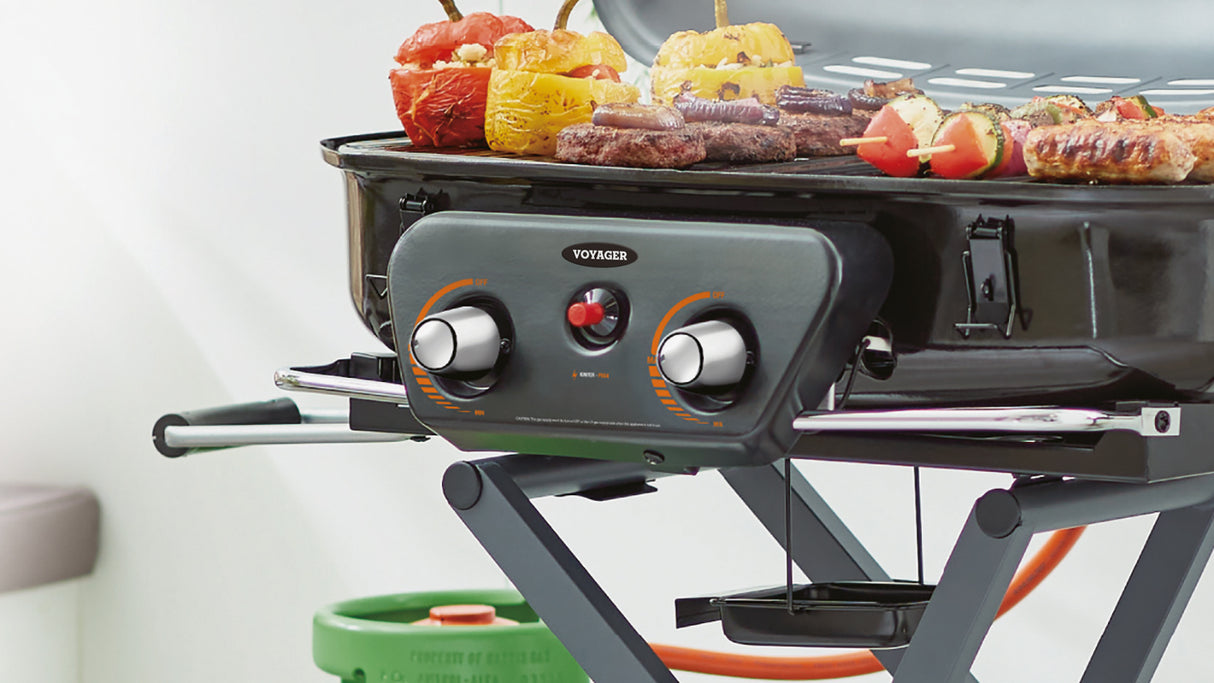 Voyager BBQ Barbecue Portable Gas Grill - 2 Burner, Foldable with Wheels