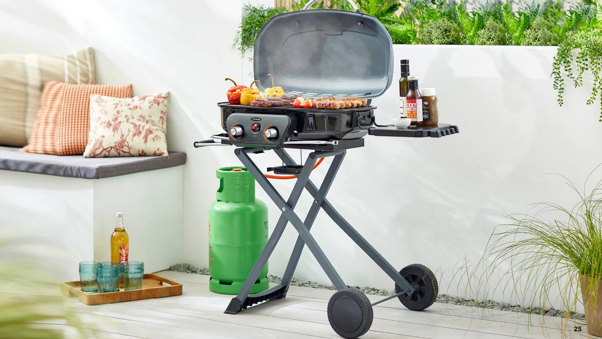 Voyager BBQ Barbecue Portable Gas Grill - 2 Burner, Foldable with Wheels