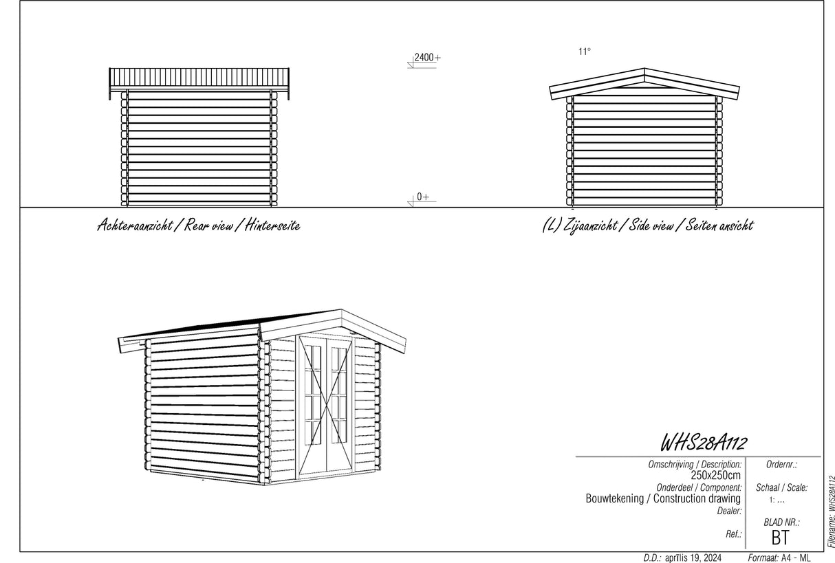 2.5x2.5m Log Cabin with Apex Roof
