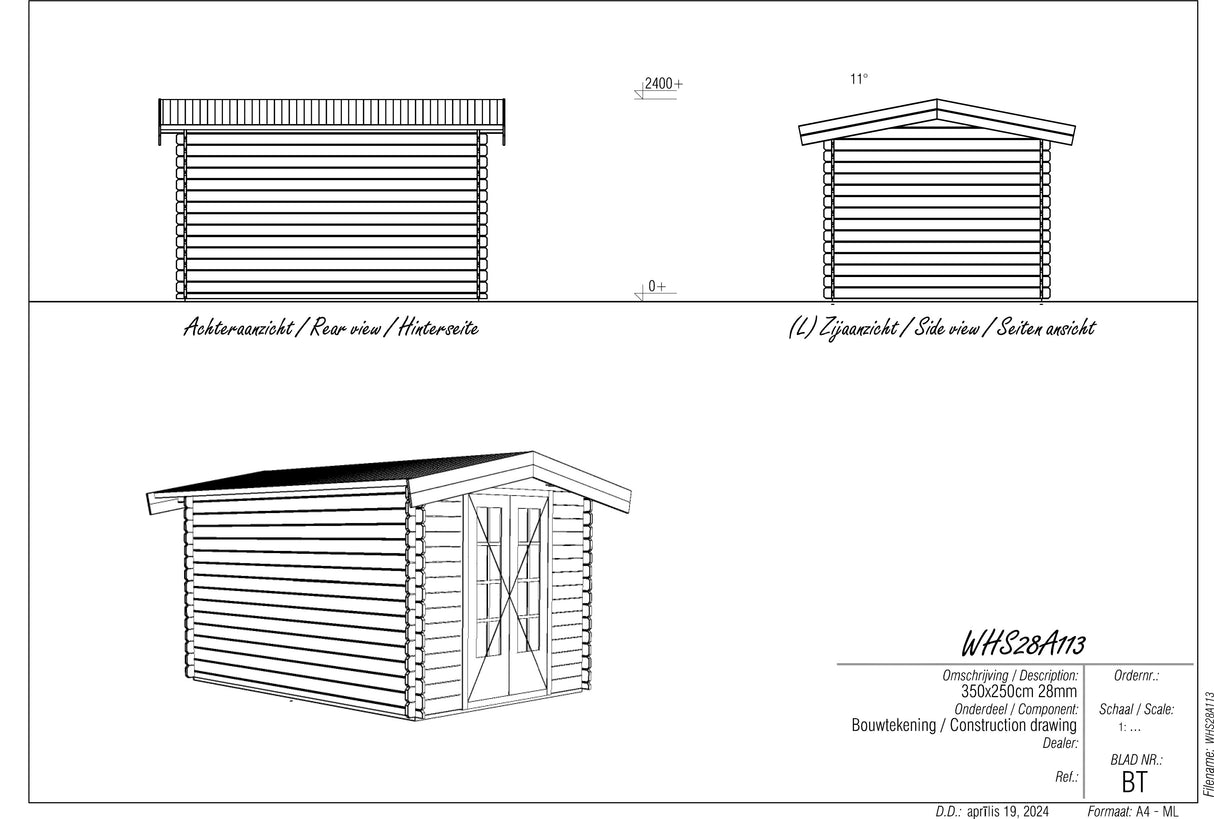 3.5x2.5m Log Cabin with Apex Roof
