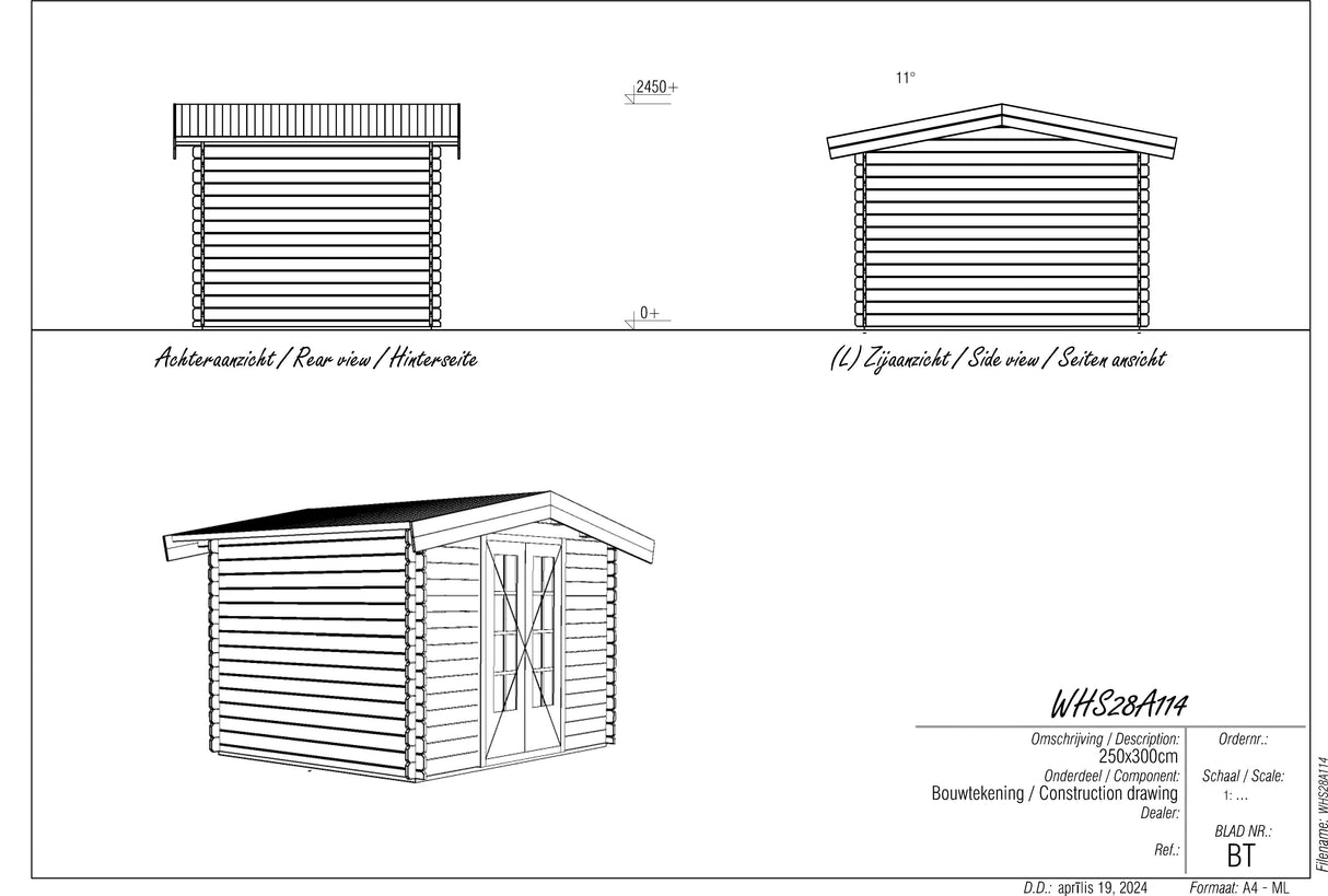 2.5x3m Log Cabin with Apex Roof