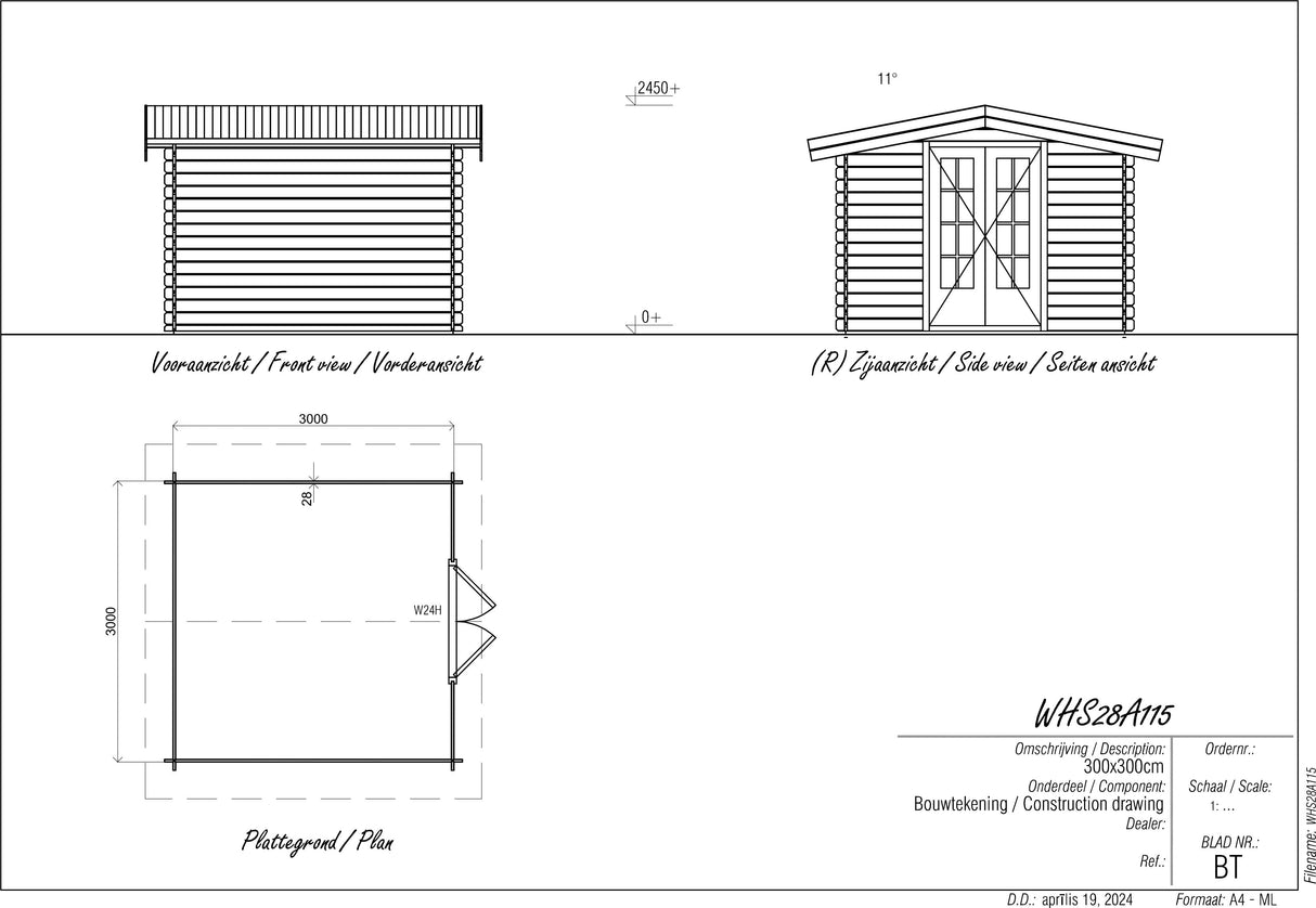 3x3m Log Cabin with Apex Roof