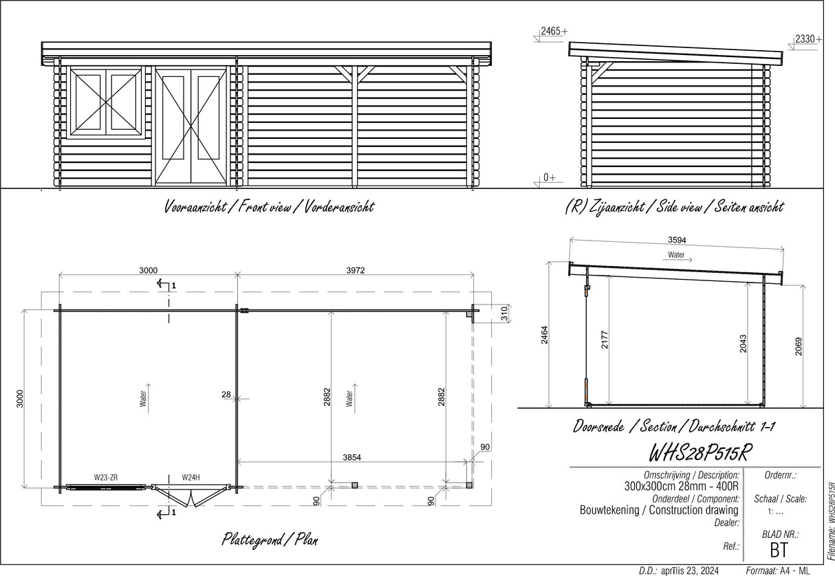 3x7m Log Cabin with Canopy (4x3m)