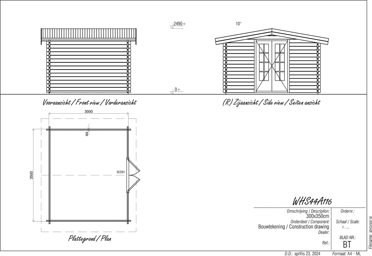3x3.5m Log Cabin with Apex Roof