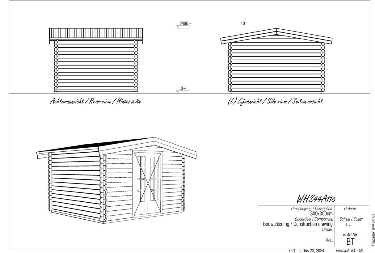 3x3.5m Log Cabin with Apex Roof