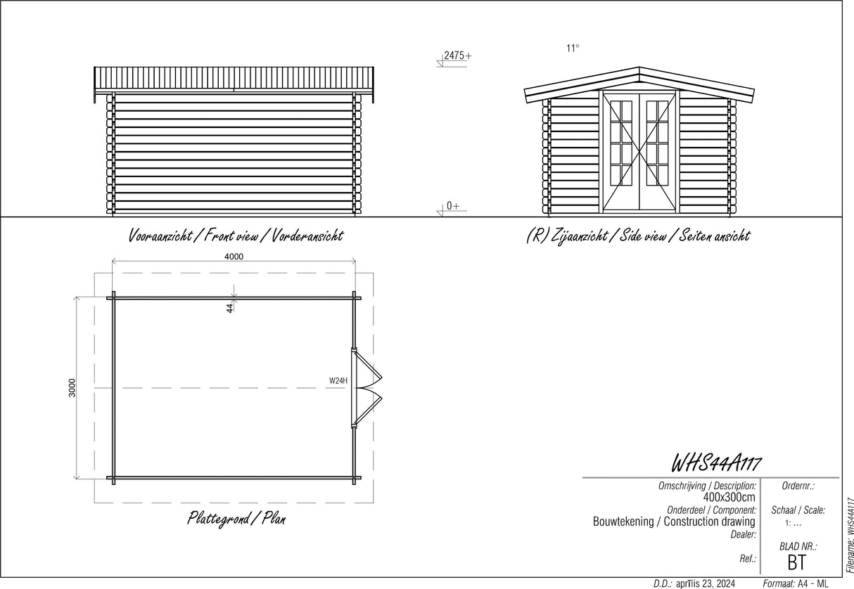 4x3m Log Cabin with Apex Roof