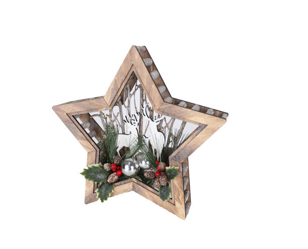Wood Effect Star 32cm with Deer Scene and Warm White LEDs