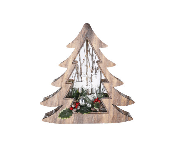 Wood Effect Christmas Tree 38cm with Deer Scene and Warm White LEDs