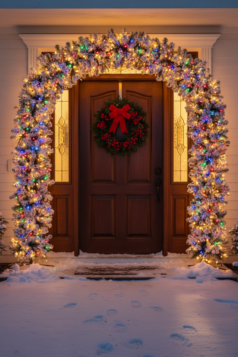 220cm Wide Curved Double Christmas Door Arch - Snow Flocked - Pre-Lit Multicolour