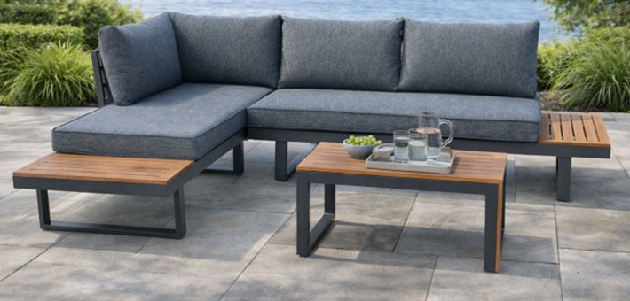 Shoreline Garden Corner Sofa Set with Faux Wood Accents in Dark Grey