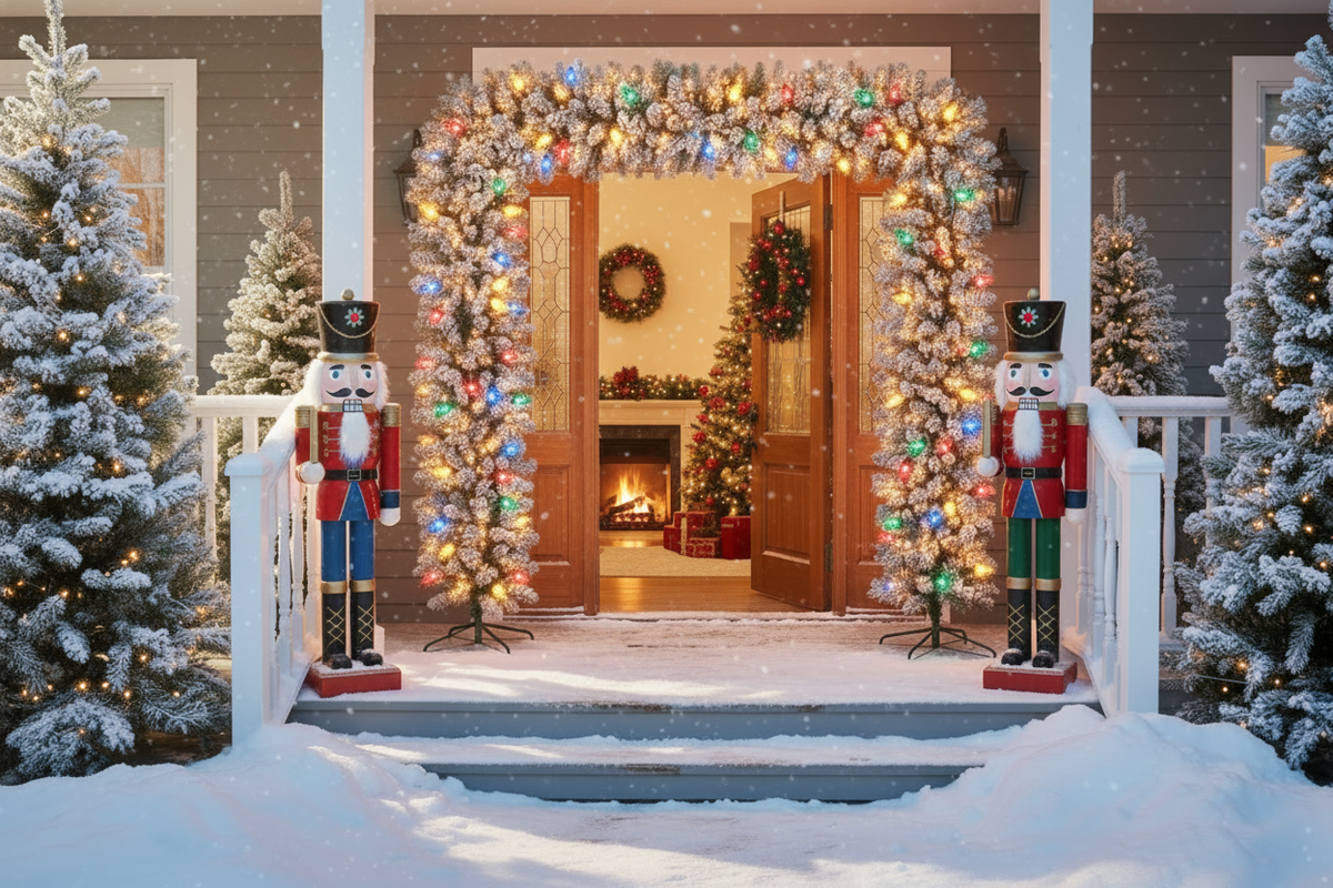 220cm Wide Double Christmas Door Arch - Snow Flocked - Multicolour LED's