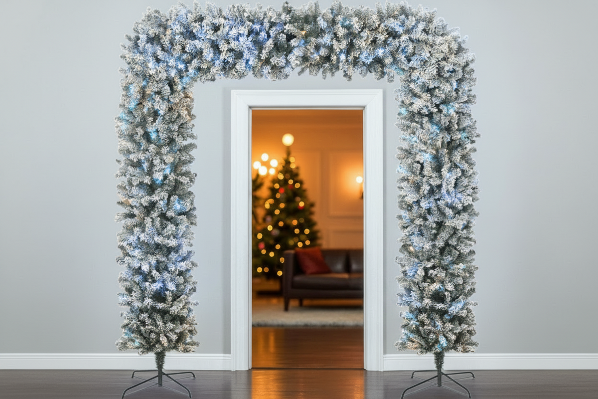 220cm Wide Double Christmas Door Arch - Snow Flocked - Ice White LED's