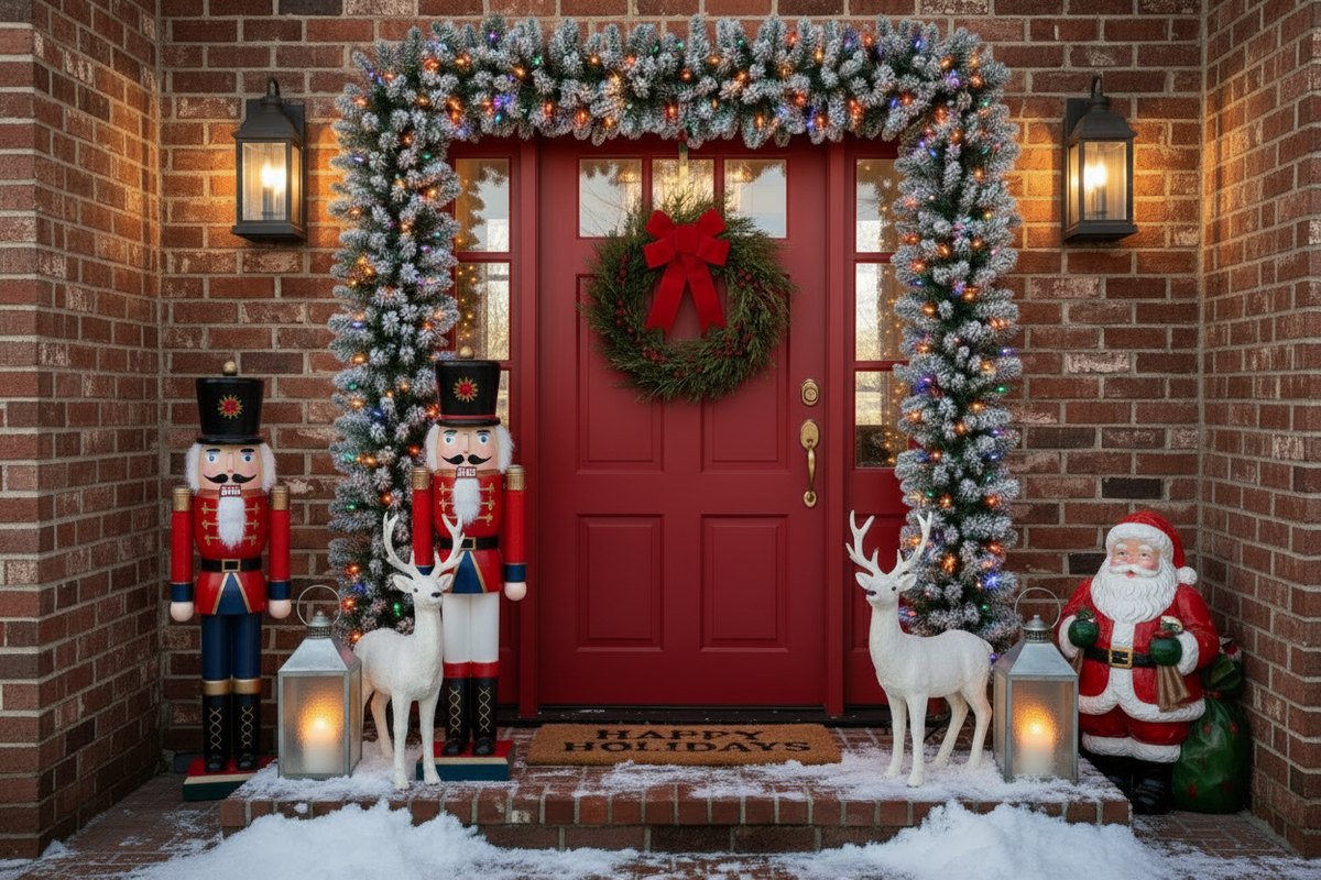 220cm Wide Double Christmas Door Arch - Snow Flocked - Multicolour LED's
