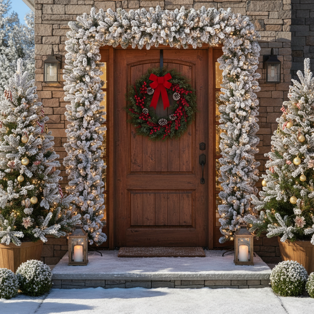 150cm Wide Single Christmas Door Arch - Snow Flocked - Pre-Lit Warm White