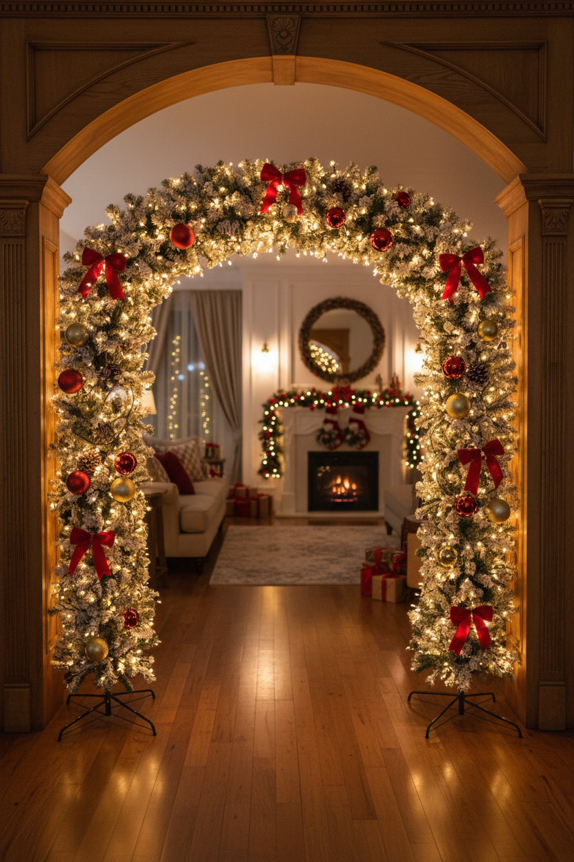 220cm Wide Curved Double Christmas Door Arch - Snow Flocked