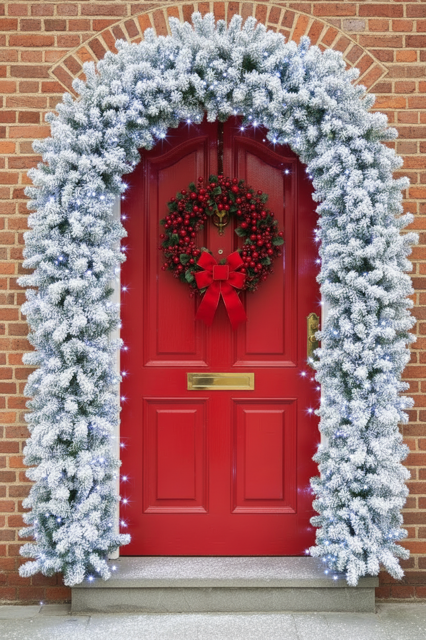 150cm Wide Single Curved Christmas Door Arch - Snow Flocked - Pre-Lit Ice White