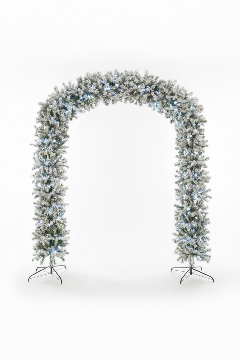 220cm Wide Curved Double Christmas Door Arch - Snow Flocked - Pre-Lit Ice White
