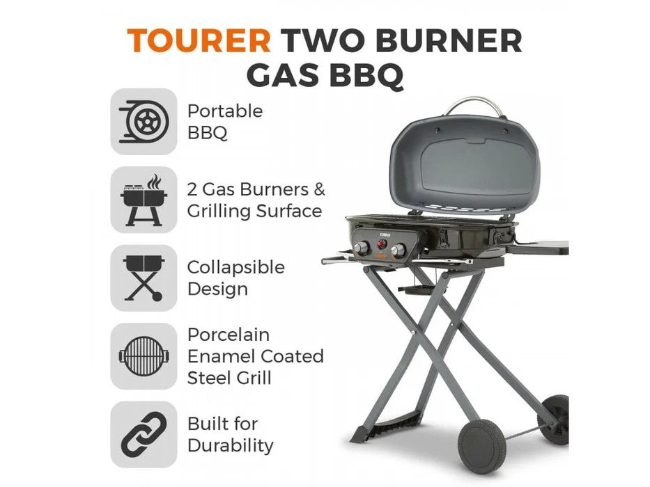 Tower Tourer Barbecue Portable Gas Grill - 2 Burner, Foldable with Wheels