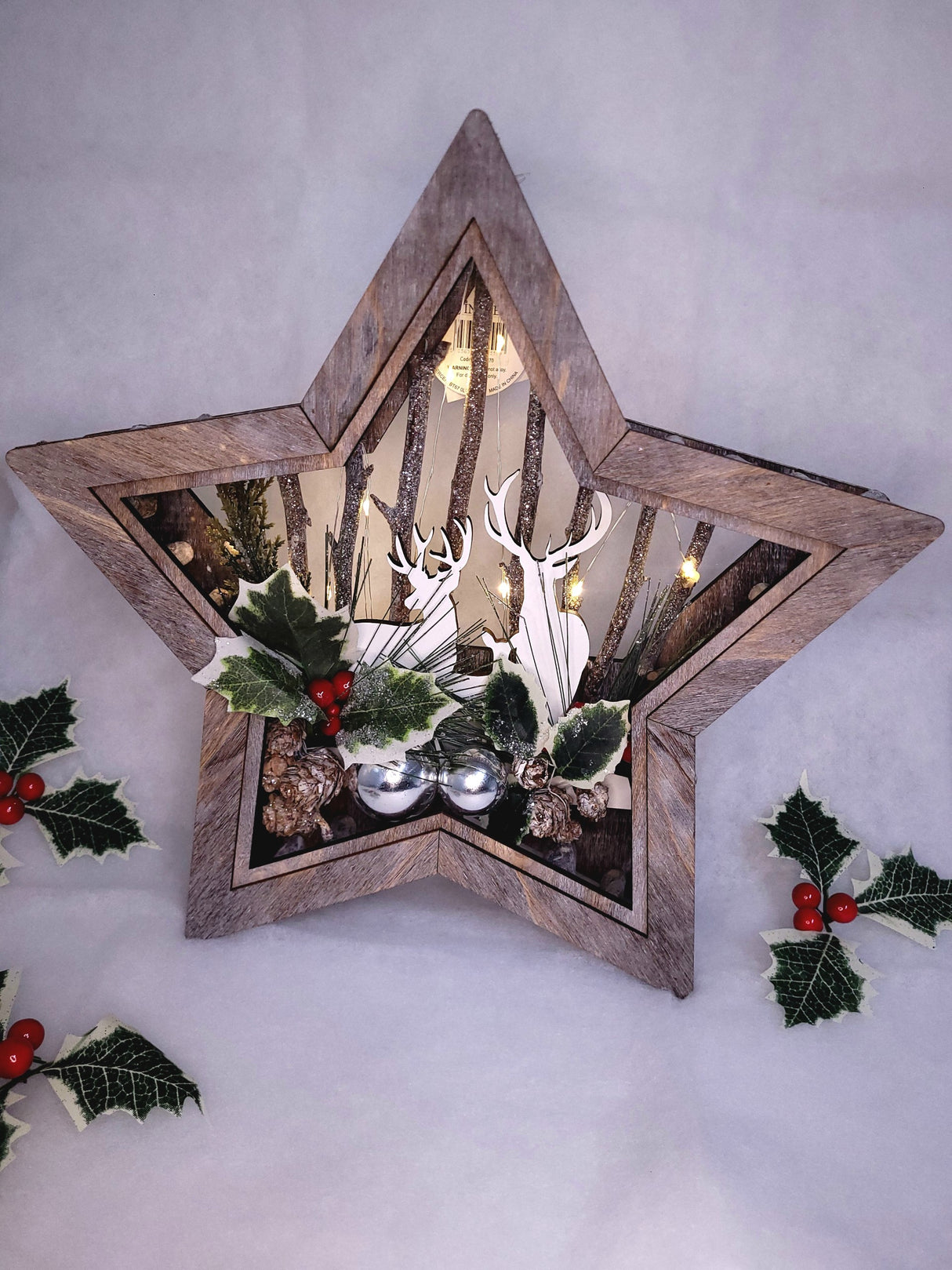 Wood Effect Star 32cm with Deer Scene and Warm White LEDs
