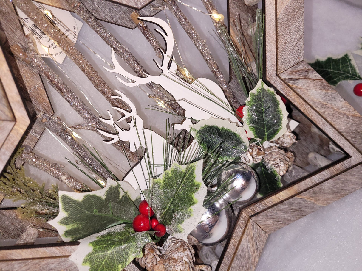 Wood Effect Star 32cm with Deer Scene and Warm White LEDs
