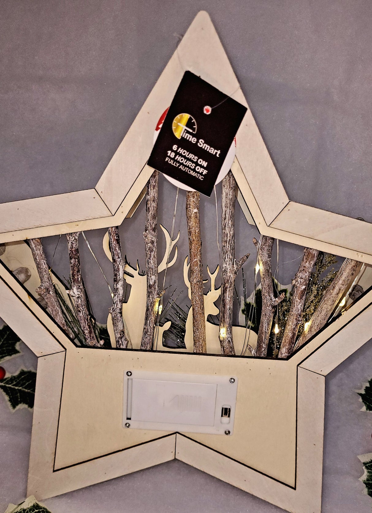 Wood Effect Star 32cm with Deer Scene and Warm White LEDs