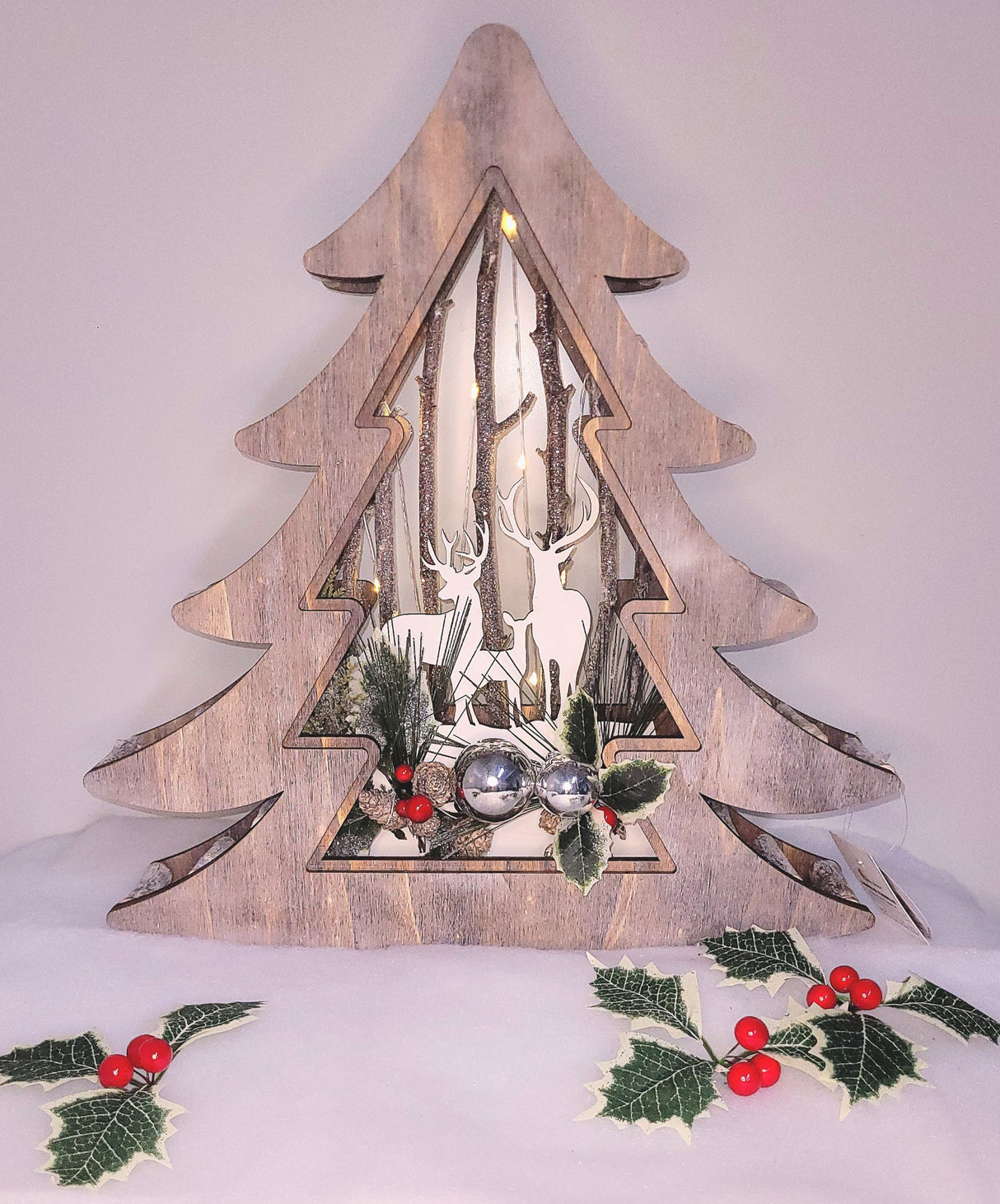 Wood Effect Christmas Tree 38cm with Deer Scene and Warm White LEDs