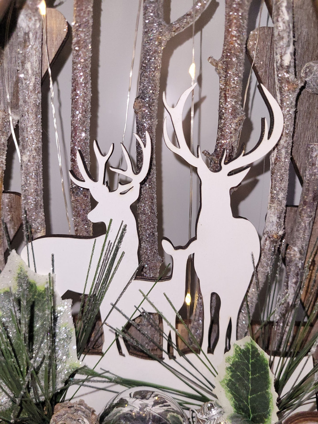 Wood Effect Christmas Tree 38cm with Deer Scene and Warm White LEDs