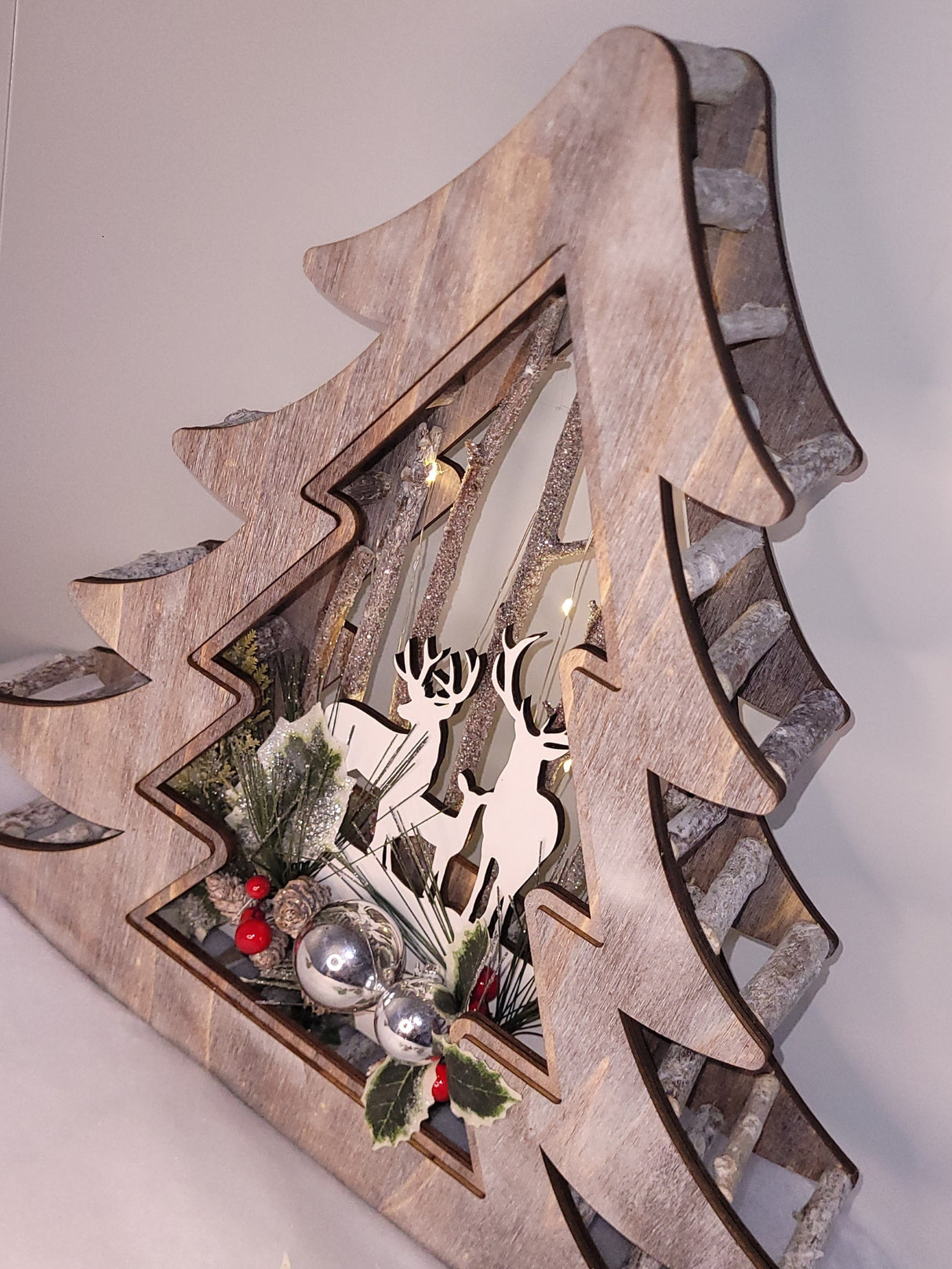 Wood Effect Christmas Tree 38cm with Deer Scene and Warm White LEDs