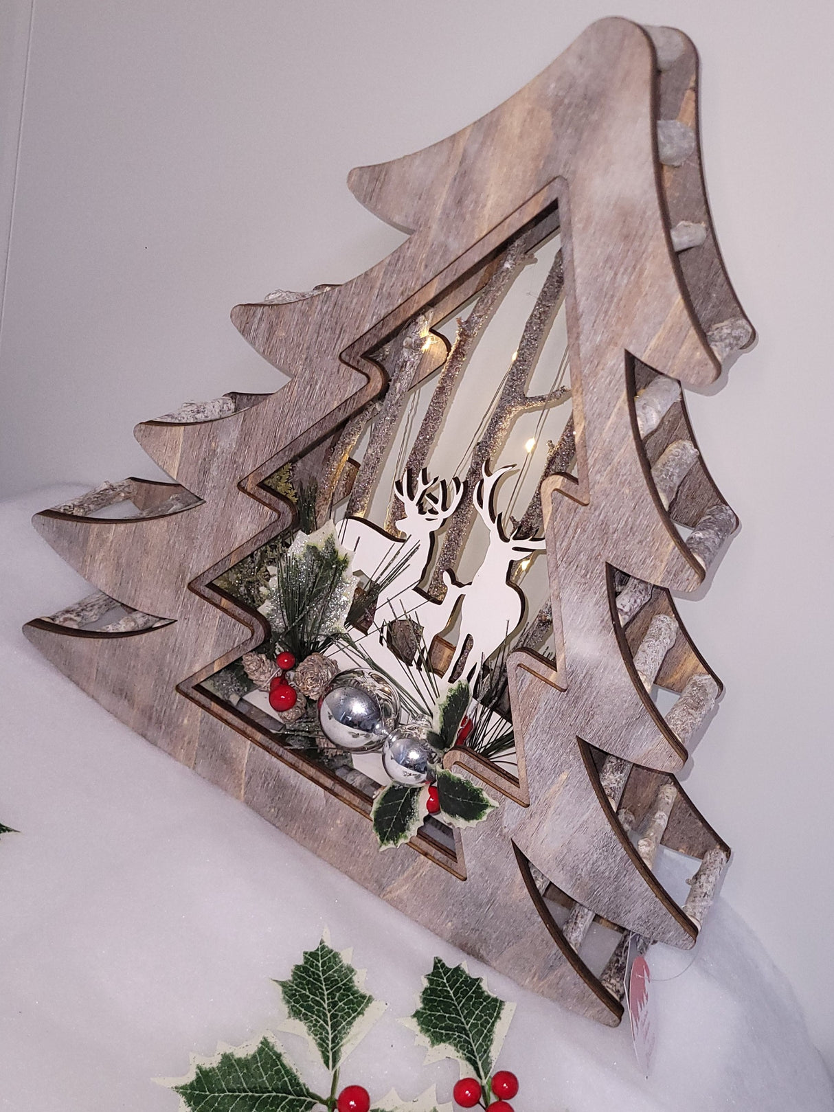 Wood Effect Christmas Tree 38cm with Deer Scene and Warm White LEDs
