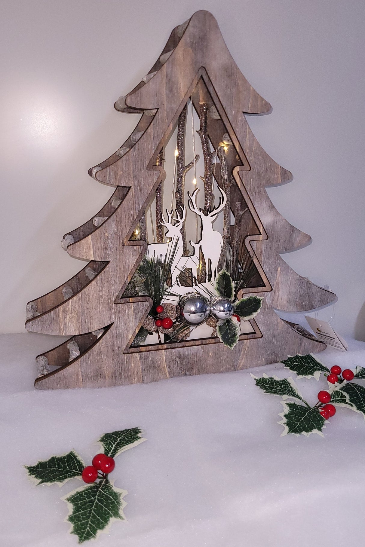 Wood Effect Christmas Tree 38cm with Deer Scene and Warm White LEDs