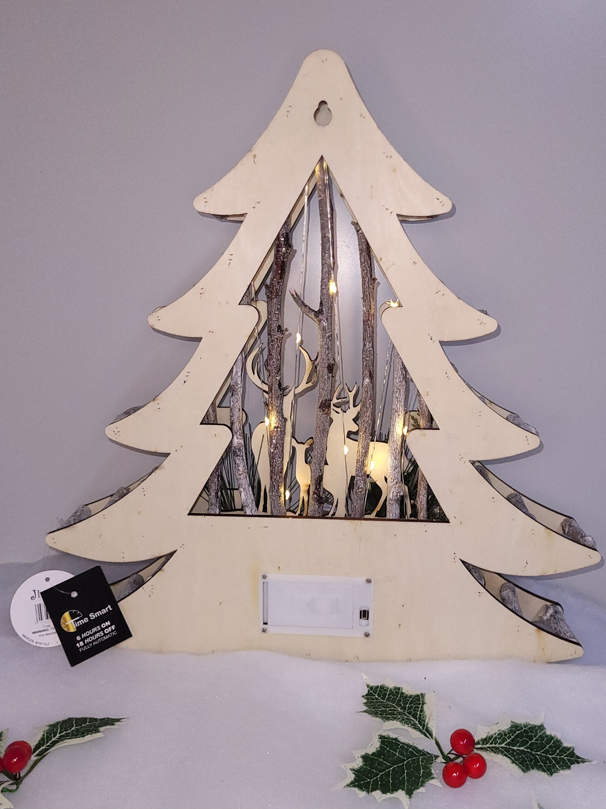 Wood Effect Christmas Tree 38cm with Deer Scene and Warm White LEDs